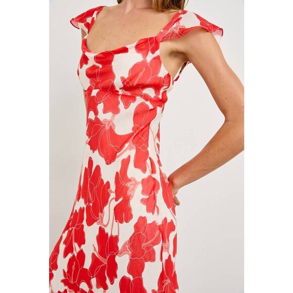 Rails Marigold Floral Flutter Sleeve Midi Dress in Scarlet Hibiscus M - Picture 6 of 6